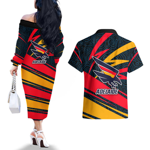 Adelaide Crows Australian Football Couples Matching Off The Shoulder Long Sleeve Dress and Hawaiian Shirt Fierce Mascot Spirit With Indigenous Pattern Art