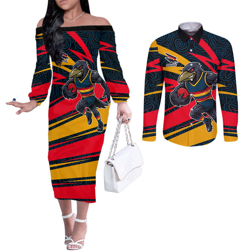 Adelaide Crows Australian Football Couples Matching Off The Shoulder Long Sleeve Dress and Long Sleeve Button Shirt Fierce Mascot Spirit With Indigenous Pattern Art