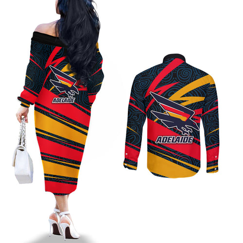 Adelaide Crows Australian Football Couples Matching Off The Shoulder Long Sleeve Dress and Long Sleeve Button Shirt Fierce Mascot Spirit With Indigenous Pattern Art