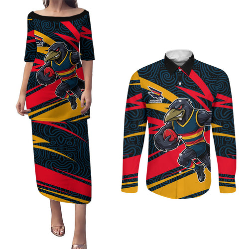 Adelaide Crows Australian Football Couples Matching Puletasi and Long Sleeve Button Shirt Fierce Mascot Spirit With Indigenous Pattern Art