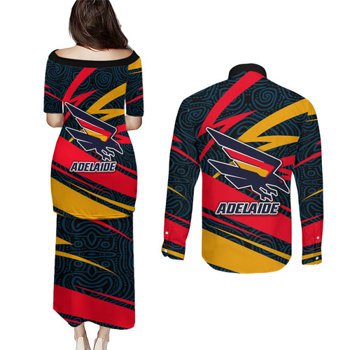 Adelaide Crows Australian Football Couples Matching Puletasi and Long Sleeve Button Shirt Fierce Mascot Spirit With Indigenous Pattern Art