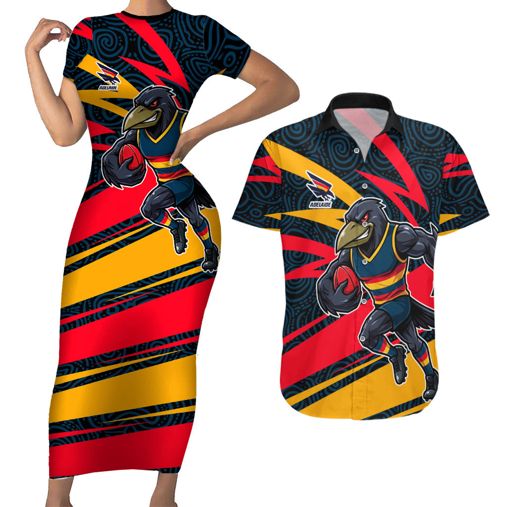 Adelaide Crows Australian Football Couples Matching Short Sleeve Bodycon Dress and Hawaiian Shirt Fierce Mascot Spirit With Indigenous Pattern Art