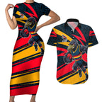 Adelaide Crows Australian Football Couples Matching Short Sleeve Bodycon Dress and Hawaiian Shirt Fierce Mascot Spirit With Indigenous Pattern Art