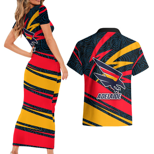 Adelaide Crows Australian Football Couples Matching Short Sleeve Bodycon Dress and Hawaiian Shirt Fierce Mascot Spirit With Indigenous Pattern Art