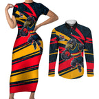 Adelaide Crows Australian Football Couples Matching Short Sleeve Bodycon Dress and Long Sleeve Button Shirt Fierce Mascot Spirit With Indigenous Pattern Art