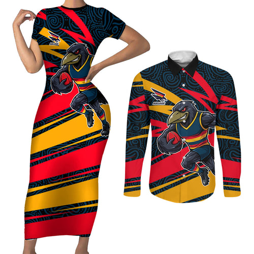 Adelaide Crows Australian Football Couples Matching Short Sleeve Bodycon Dress and Long Sleeve Button Shirt Fierce Mascot Spirit With Indigenous Pattern Art
