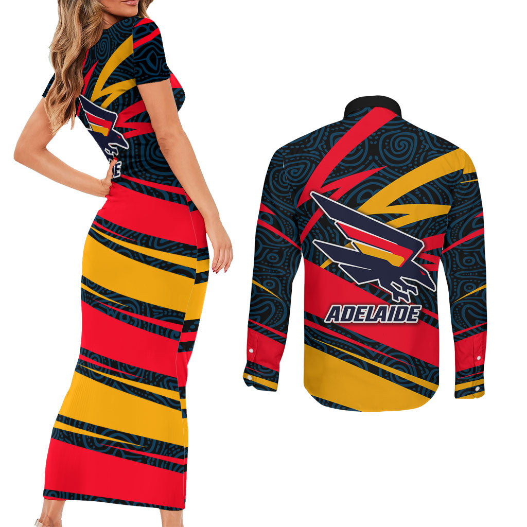 Adelaide Crows Australian Football Couples Matching Short Sleeve Bodycon Dress and Long Sleeve Button Shirt Fierce Mascot Spirit With Indigenous Pattern Art