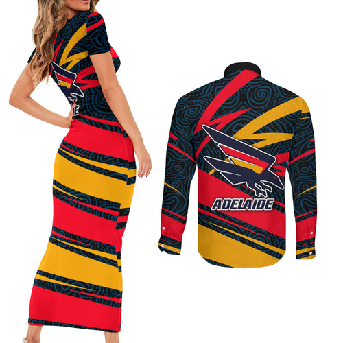 Adelaide Crows Australian Football Couples Matching Short Sleeve Bodycon Dress and Long Sleeve Button Shirt Fierce Mascot Spirit With Indigenous Pattern Art