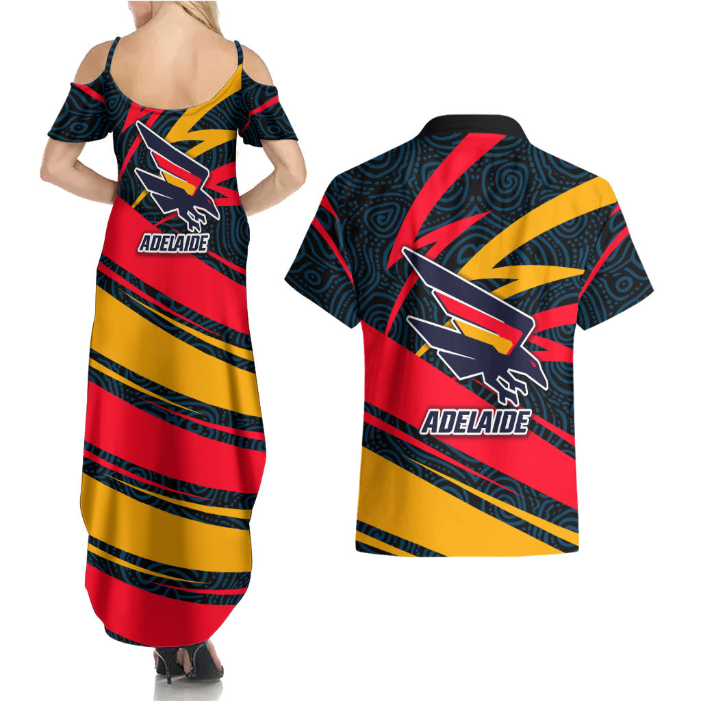 Adelaide Crows Australian Football Couples Matching Summer Maxi Dress and Hawaiian Shirt Fierce Mascot Spirit With Indigenous Pattern Art