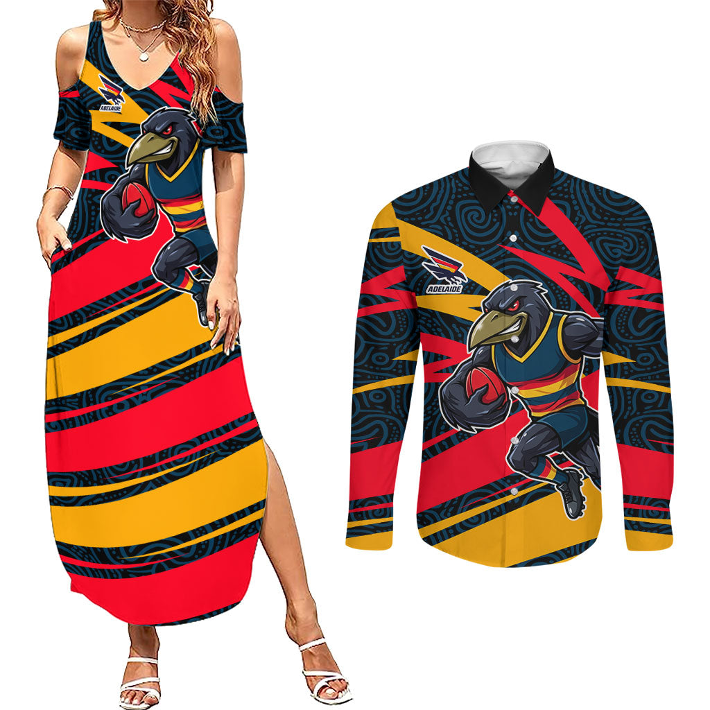 Adelaide Crows Australian Football Couples Matching Summer Maxi Dress and Long Sleeve Button Shirt Fierce Mascot Spirit With Indigenous Pattern Art