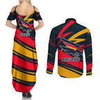 Adelaide Crows Australian Football Couples Matching Summer Maxi Dress and Long Sleeve Button Shirt Fierce Mascot Spirit With Indigenous Pattern Art