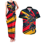 Adelaide Crows Australian Football Couples Matching Tank Maxi Dress and Hawaiian Shirt Fierce Mascot Spirit With Indigenous Pattern Art