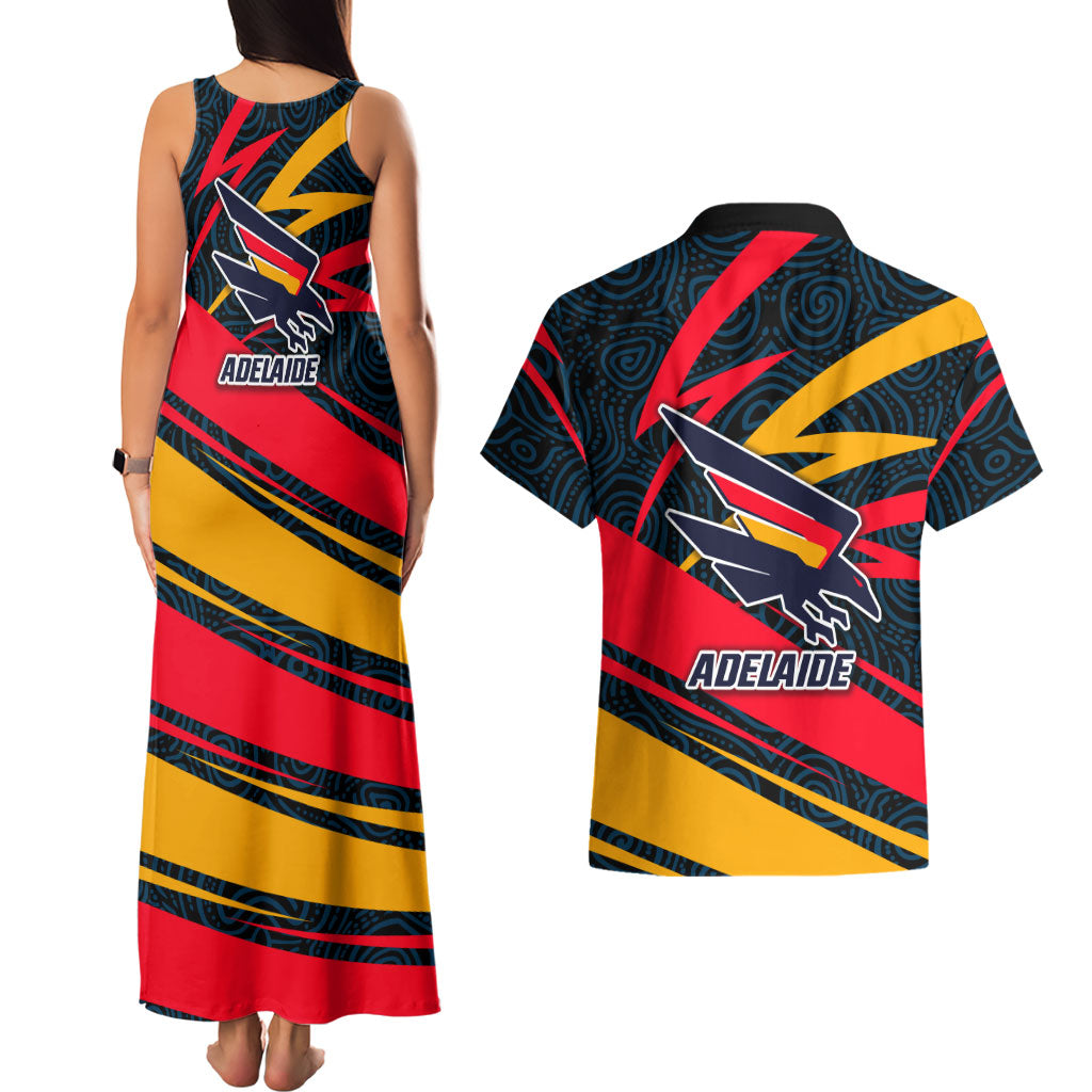 Adelaide Crows Australian Football Couples Matching Tank Maxi Dress and Hawaiian Shirt Fierce Mascot Spirit With Indigenous Pattern Art