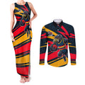 Adelaide Crows Australian Football Couples Matching Tank Maxi Dress and Long Sleeve Button Shirt Fierce Mascot Spirit With Indigenous Pattern Art