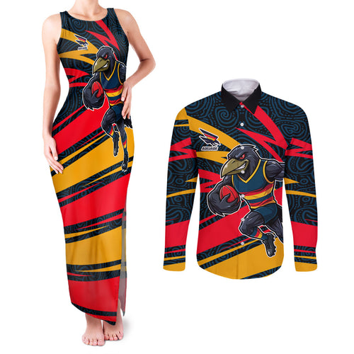 Adelaide Crows Australian Football Couples Matching Tank Maxi Dress and Long Sleeve Button Shirt Fierce Mascot Spirit With Indigenous Pattern Art