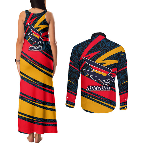 Adelaide Crows Australian Football Couples Matching Tank Maxi Dress and Long Sleeve Button Shirt Fierce Mascot Spirit With Indigenous Pattern Art