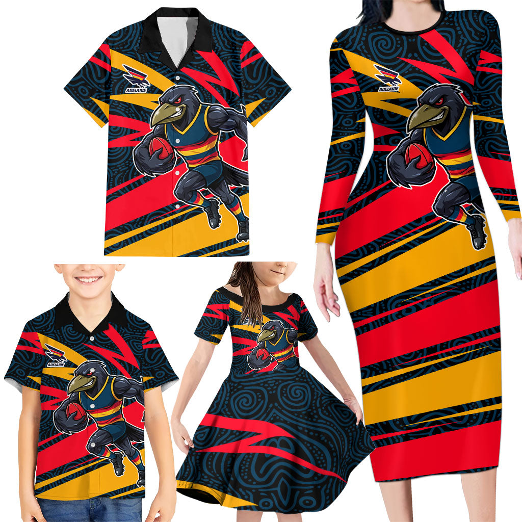 Adelaide Crows Australian Football Family Matching Long Sleeve Bodycon Dress and Hawaiian Shirt Fierce Mascot Spirit With Indigenous Pattern Art