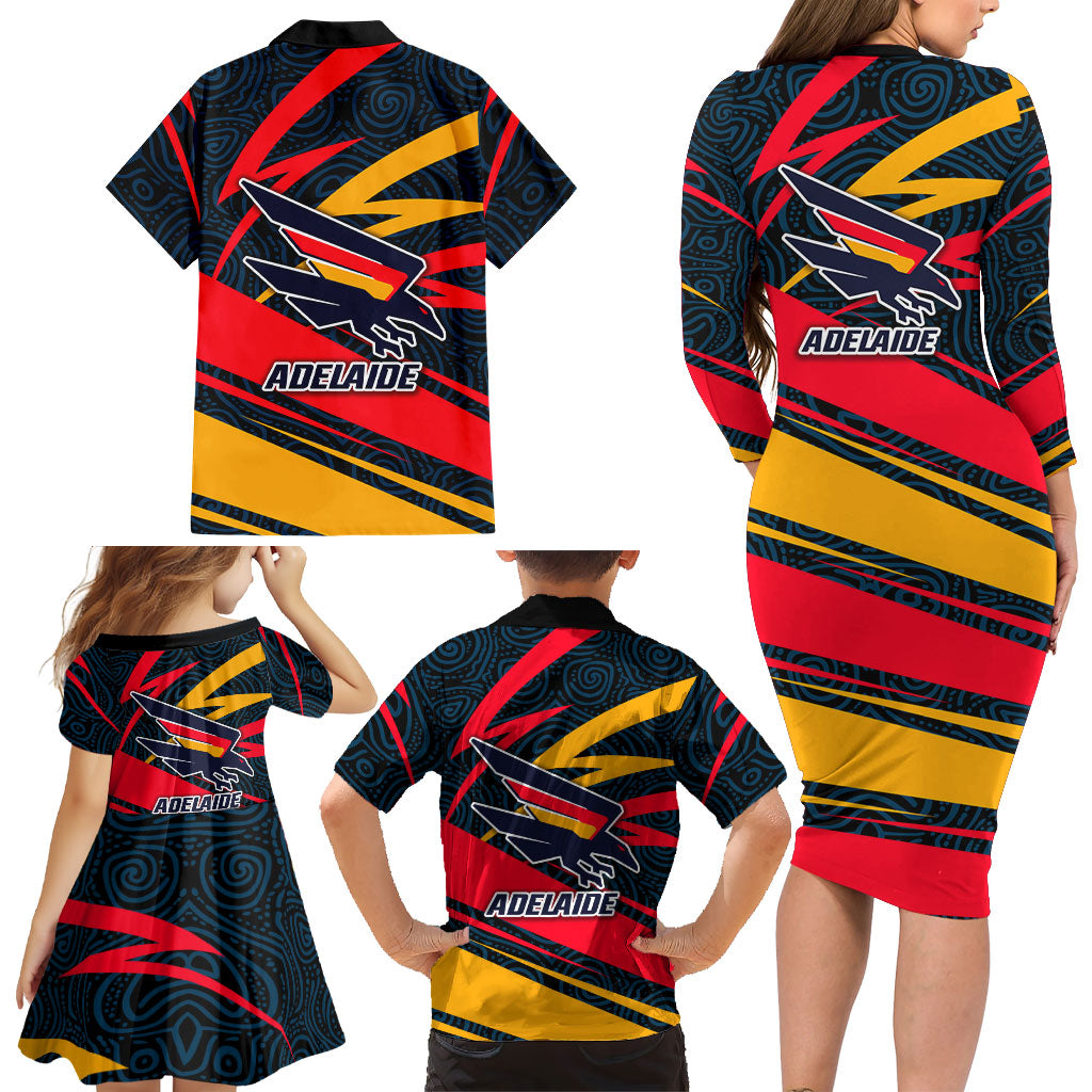 Adelaide Crows Australian Football Family Matching Long Sleeve Bodycon Dress and Hawaiian Shirt Fierce Mascot Spirit With Indigenous Pattern Art