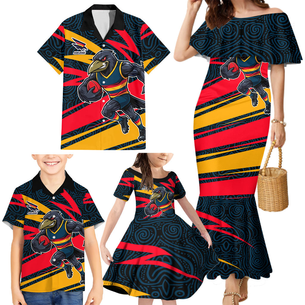 Adelaide Crows Australian Football Family Matching Mermaid Dress and Hawaiian Shirt Fierce Mascot Spirit With Indigenous Pattern Art