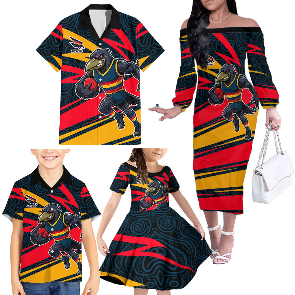 Adelaide Crows Australian Football Family Matching Off The Shoulder Long Sleeve Dress and Hawaiian Shirt Fierce Mascot Spirit With Indigenous Pattern Art