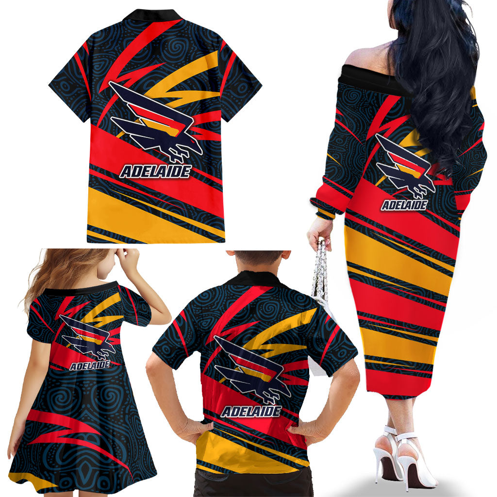 Adelaide Crows Australian Football Family Matching Off The Shoulder Long Sleeve Dress and Hawaiian Shirt Fierce Mascot Spirit With Indigenous Pattern Art