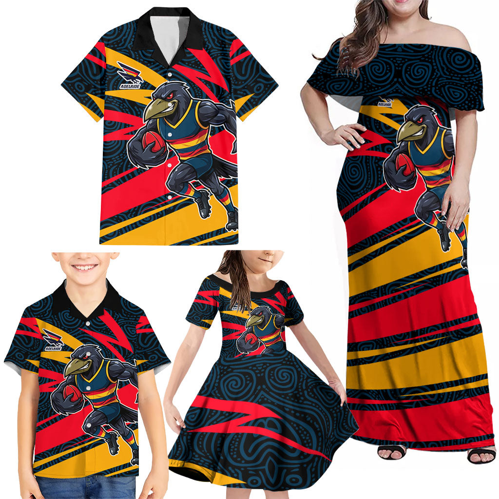 Adelaide Crows Australian Football Family Matching Off Shoulder Maxi Dress and Hawaiian Shirt Fierce Mascot Spirit With Indigenous Pattern Art