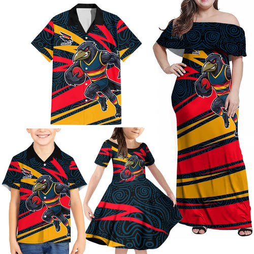 Adelaide Crows Australian Football Family Matching Off Shoulder Maxi Dress and Hawaiian Shirt Fierce Mascot Spirit With Indigenous Pattern Art