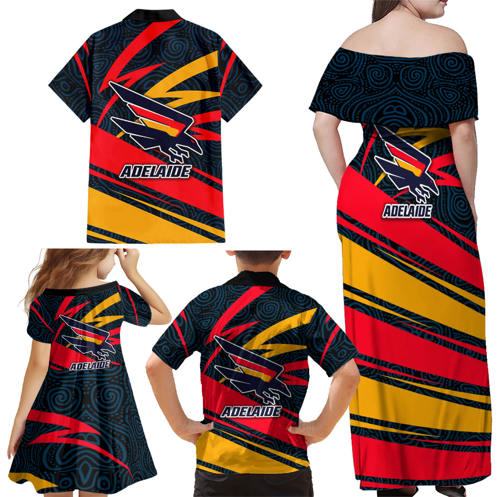 Adelaide Crows Australian Football Family Matching Off Shoulder Maxi Dress and Hawaiian Shirt Fierce Mascot Spirit With Indigenous Pattern Art