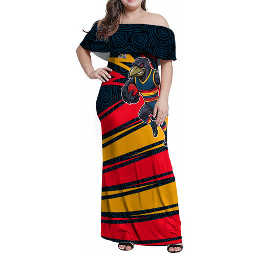 Adelaide Crows Australian Football Family Matching Off Shoulder Maxi Dress and Hawaiian Shirt Fierce Mascot Spirit With Indigenous Pattern Art