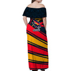 Adelaide Crows Australian Football Family Matching Off Shoulder Maxi Dress and Hawaiian Shirt Fierce Mascot Spirit With Indigenous Pattern Art