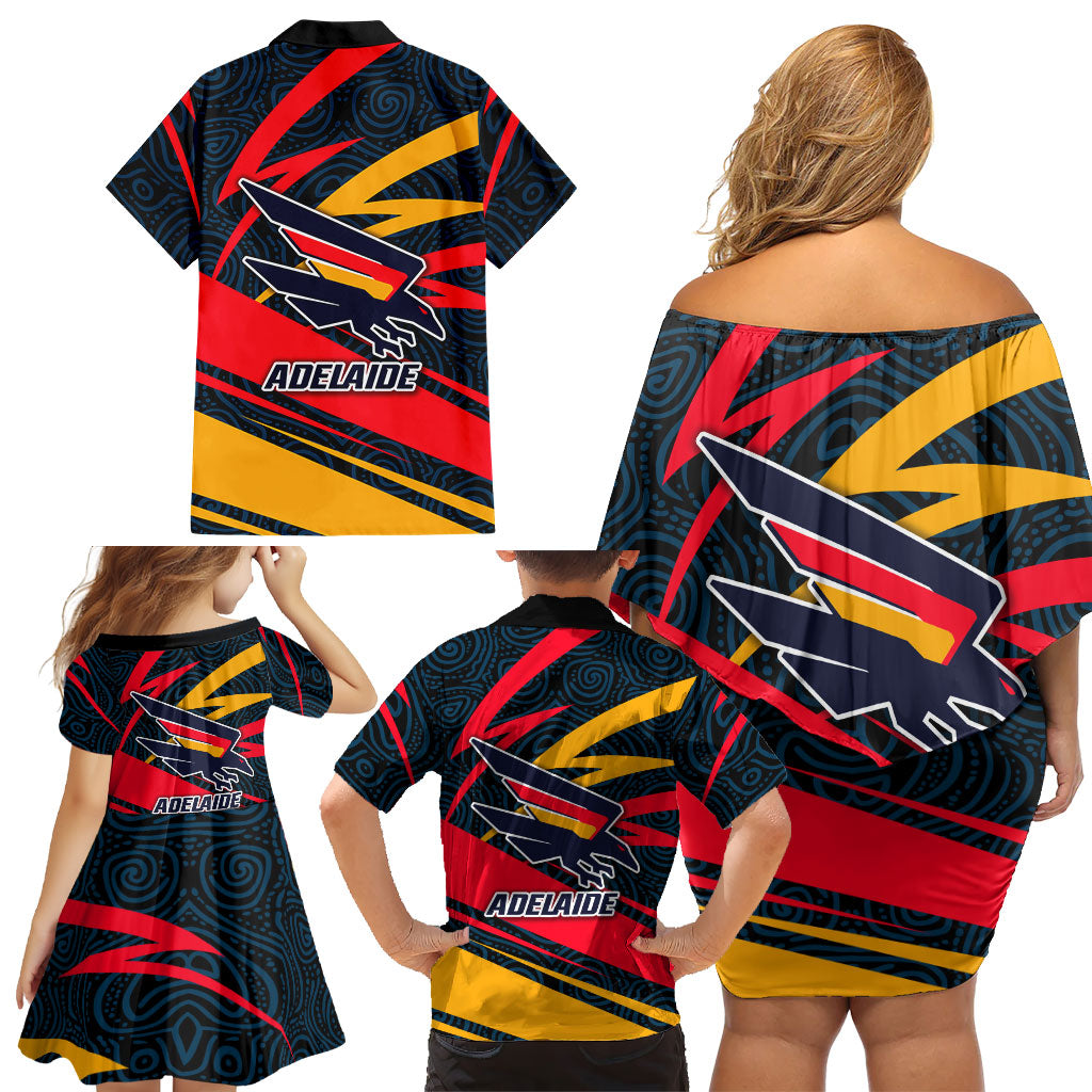 Adelaide Crows Australian Football Family Matching Off Shoulder Short Dress and Hawaiian Shirt Fierce Mascot Spirit With Indigenous Pattern Art