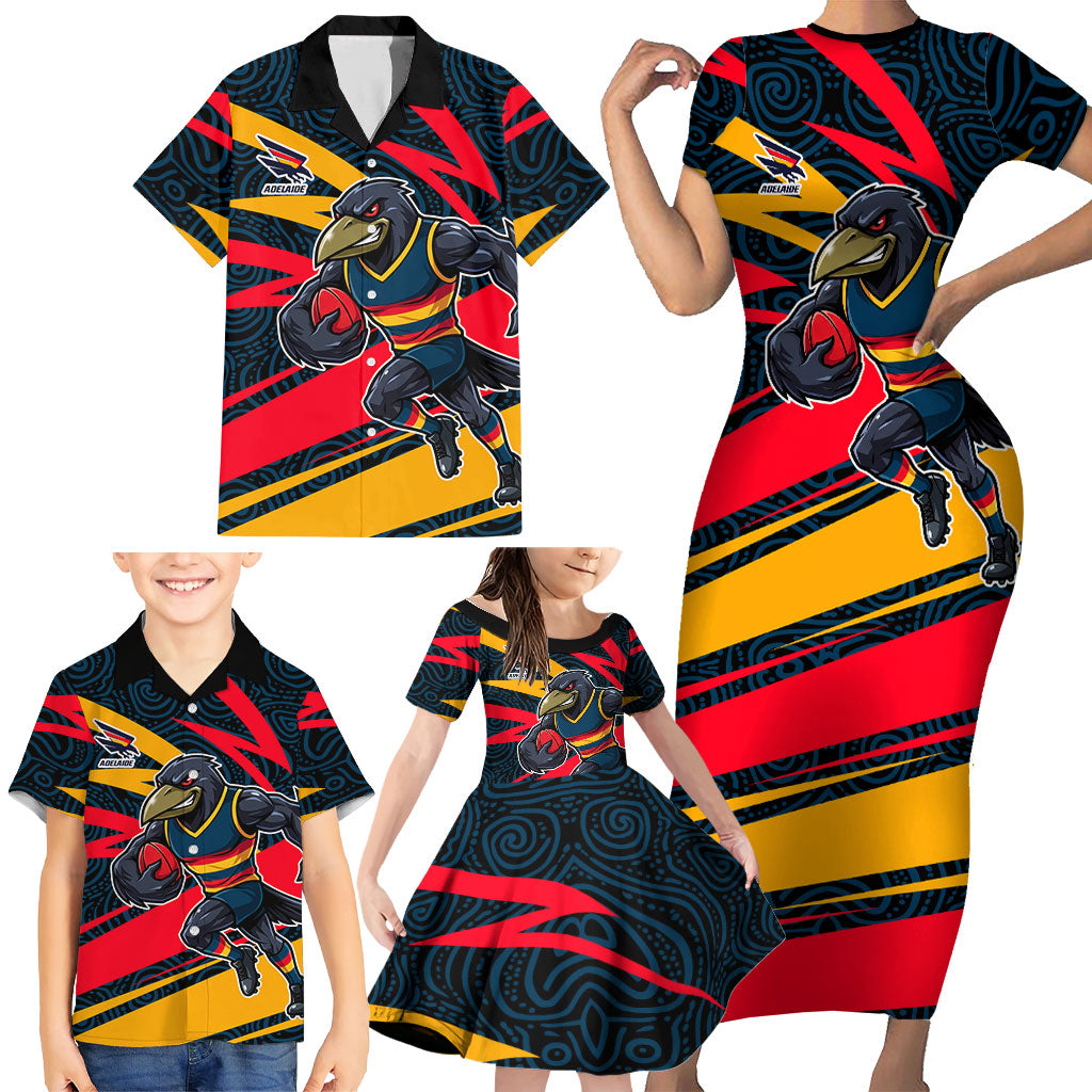 Adelaide Crows Australian Football Family Matching Short Sleeve Bodycon Dress and Hawaiian Shirt Fierce Mascot Spirit With Indigenous Pattern Art