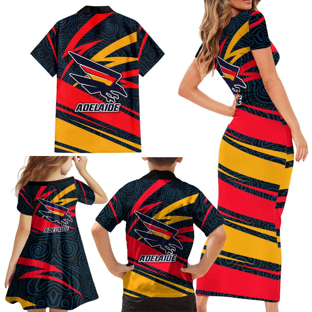 Adelaide Crows Australian Football Family Matching Short Sleeve Bodycon Dress and Hawaiian Shirt Fierce Mascot Spirit With Indigenous Pattern Art