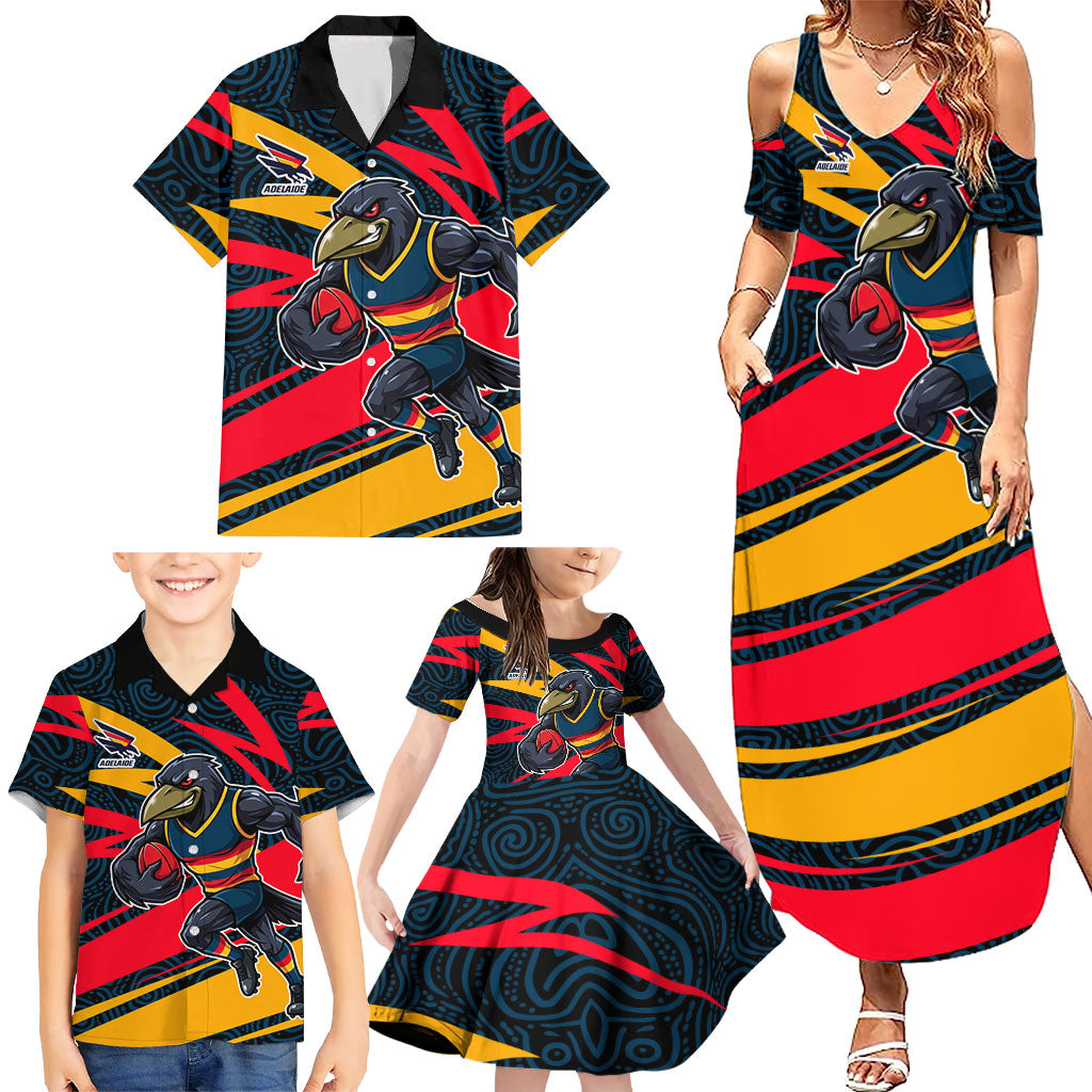 Adelaide Crows Australian Football Family Matching Summer Maxi Dress and Hawaiian Shirt Fierce Mascot Spirit With Indigenous Pattern Art