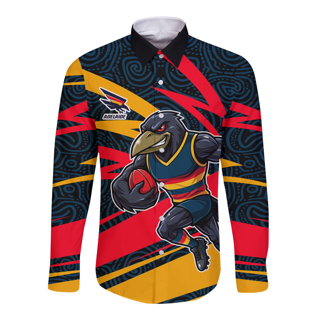Adelaide Crows Australian Football Long Sleeve Button Shirt Fierce Mascot Spirit With Indigenous Pattern Art