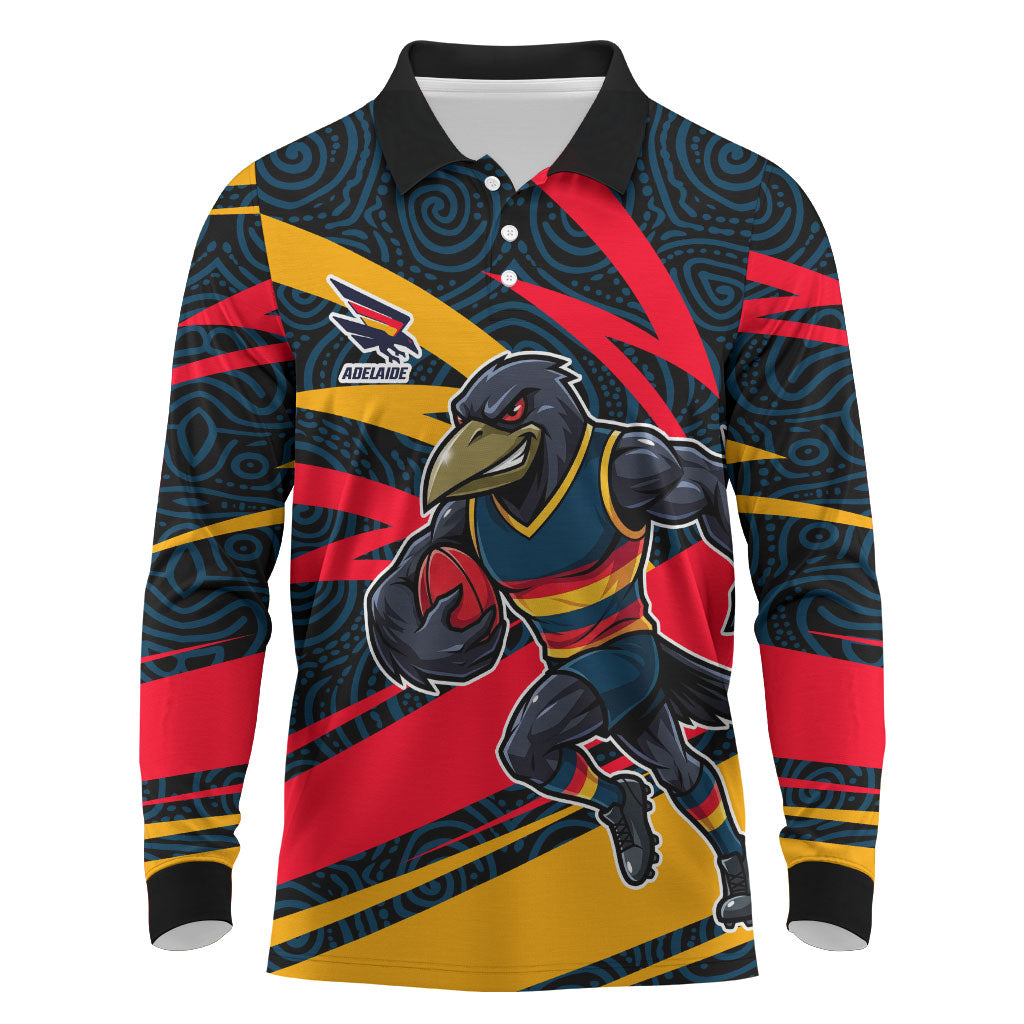 Adelaide Crows Australian Football Long Sleeve Polo Shirt Fierce Mascot Spirit With Indigenous Pattern Art