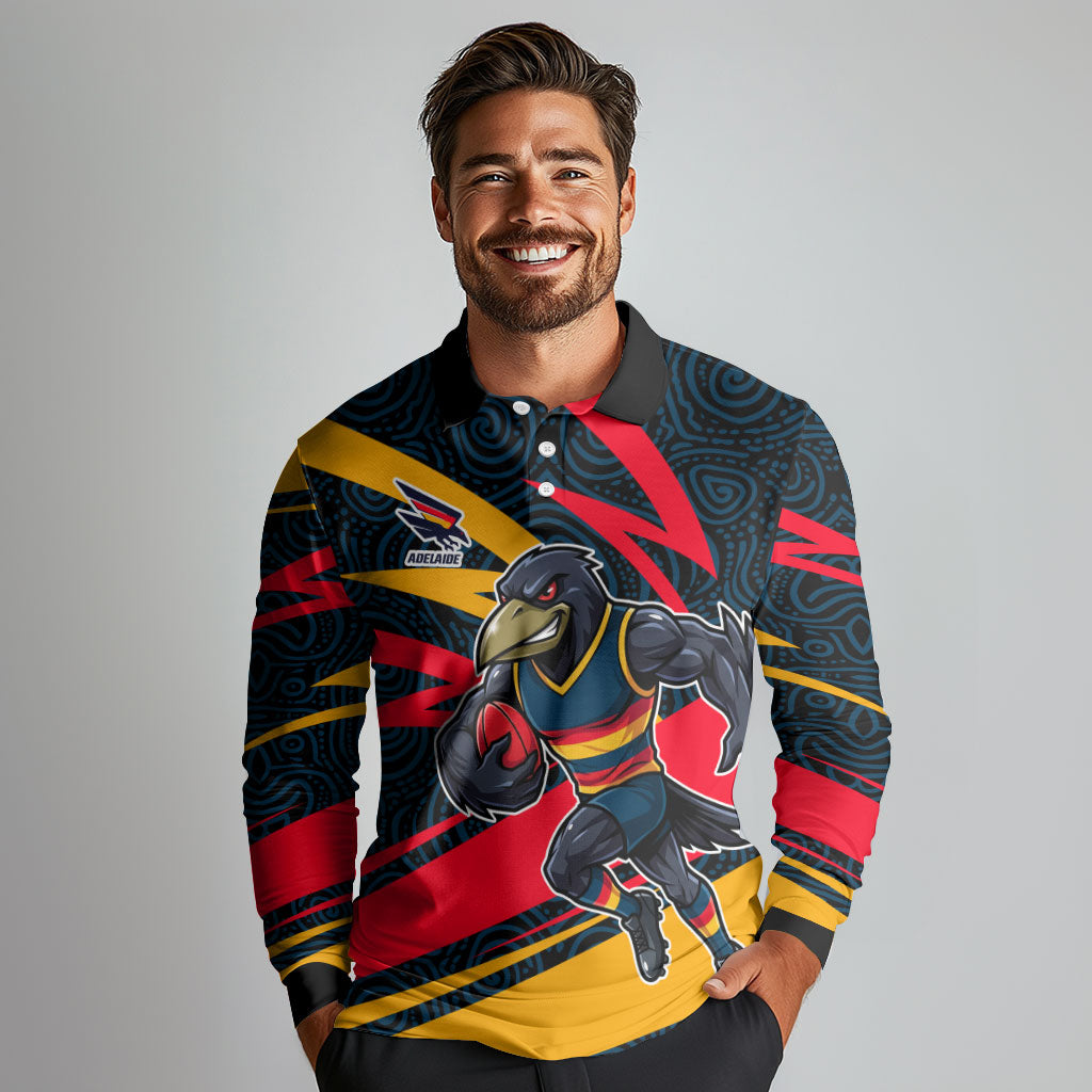 Adelaide Crows Australian Football Long Sleeve Polo Shirt Fierce Mascot Spirit With Indigenous Pattern Art