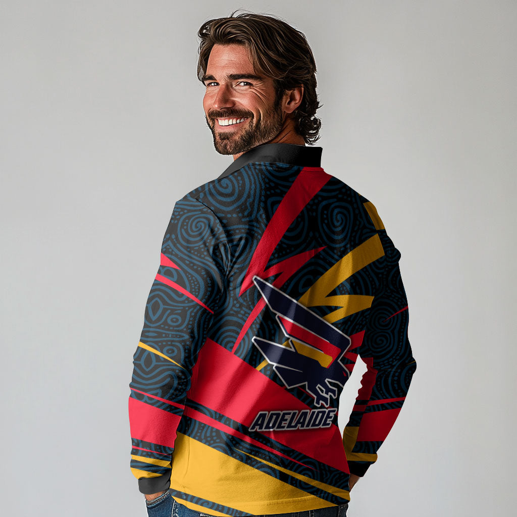 Adelaide Crows Australian Football Long Sleeve Polo Shirt Fierce Mascot Spirit With Indigenous Pattern Art