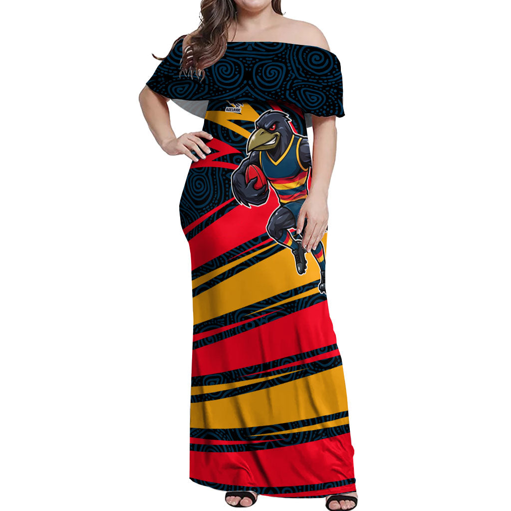 Adelaide Crows Australian Football Off Shoulder Maxi Dress Fierce Mascot Spirit With Indigenous Pattern Art