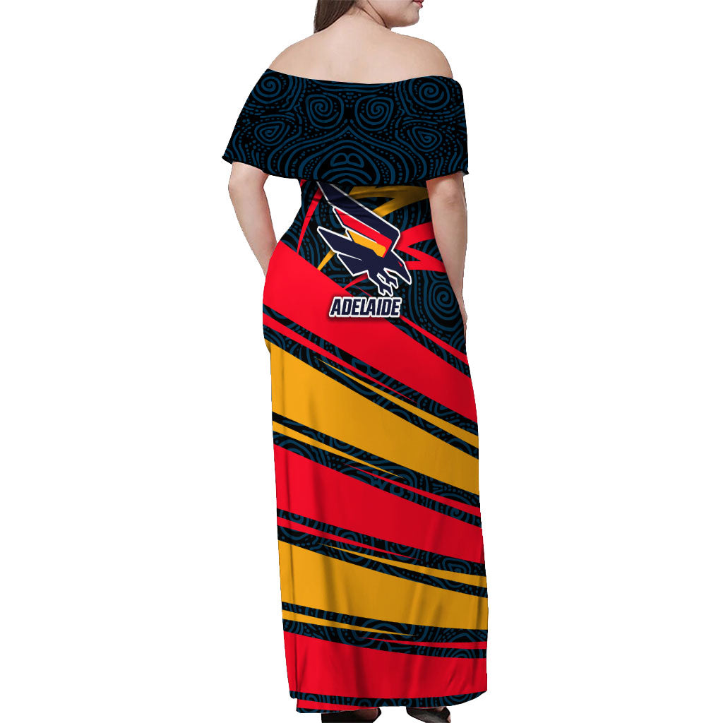 Adelaide Crows Australian Football Off Shoulder Maxi Dress Fierce Mascot Spirit With Indigenous Pattern Art