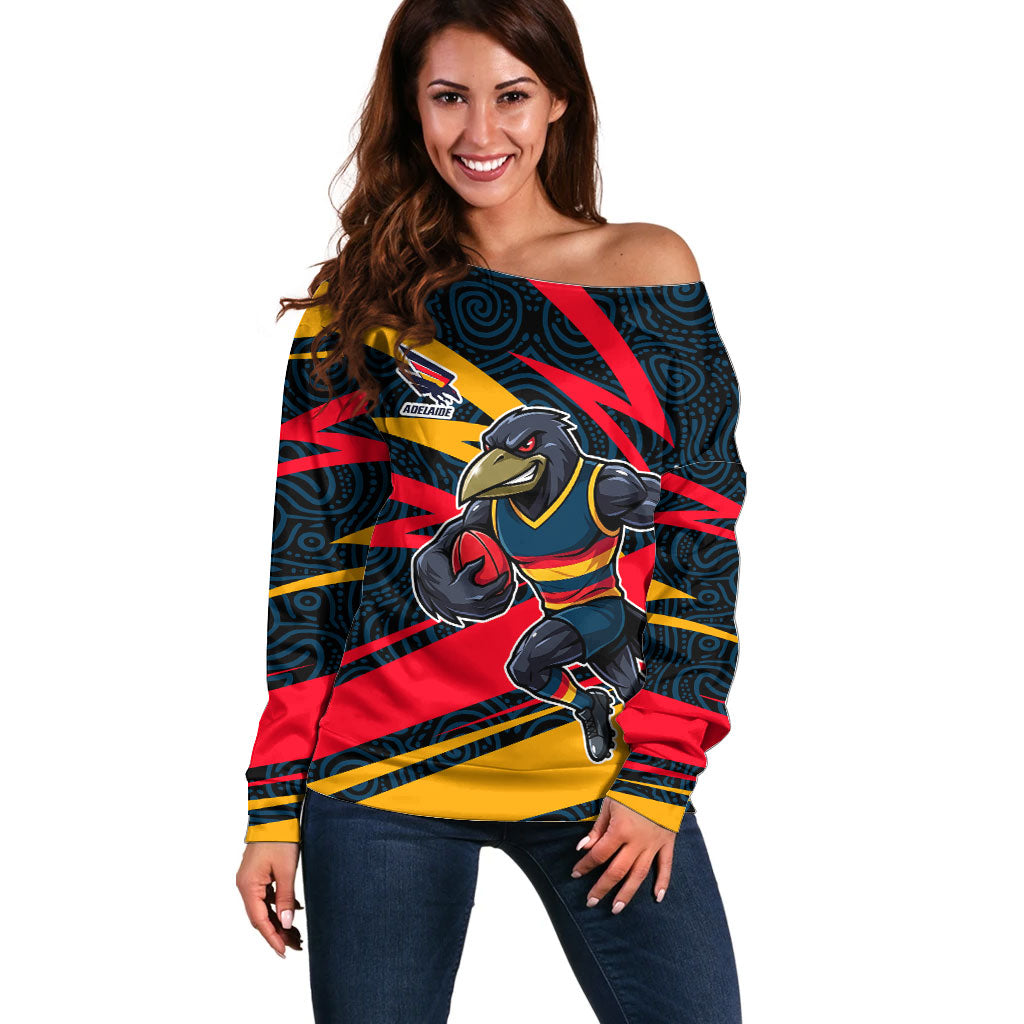 Adelaide Crows Australian Football Off Shoulder Sweater Fierce Mascot Spirit With Indigenous Pattern Art