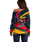 Adelaide Crows Australian Football Off Shoulder Sweater Fierce Mascot Spirit With Indigenous Pattern Art