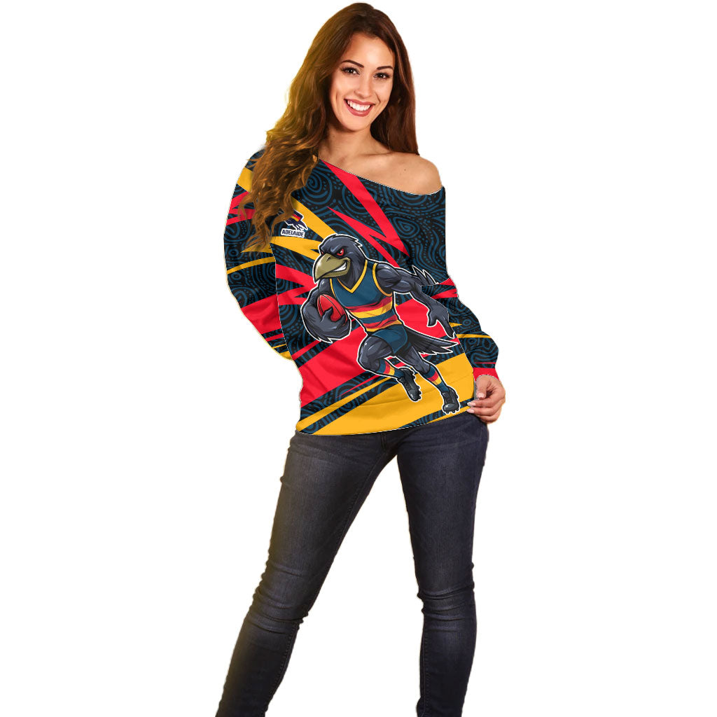 Adelaide Crows Australian Football Off Shoulder Sweater Fierce Mascot Spirit With Indigenous Pattern Art