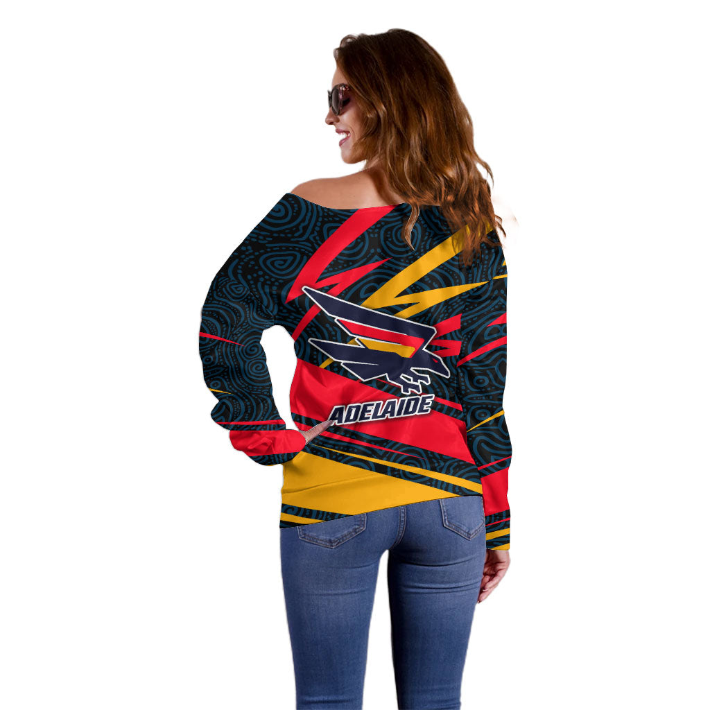 Adelaide Crows Australian Football Off Shoulder Sweater Fierce Mascot Spirit With Indigenous Pattern Art
