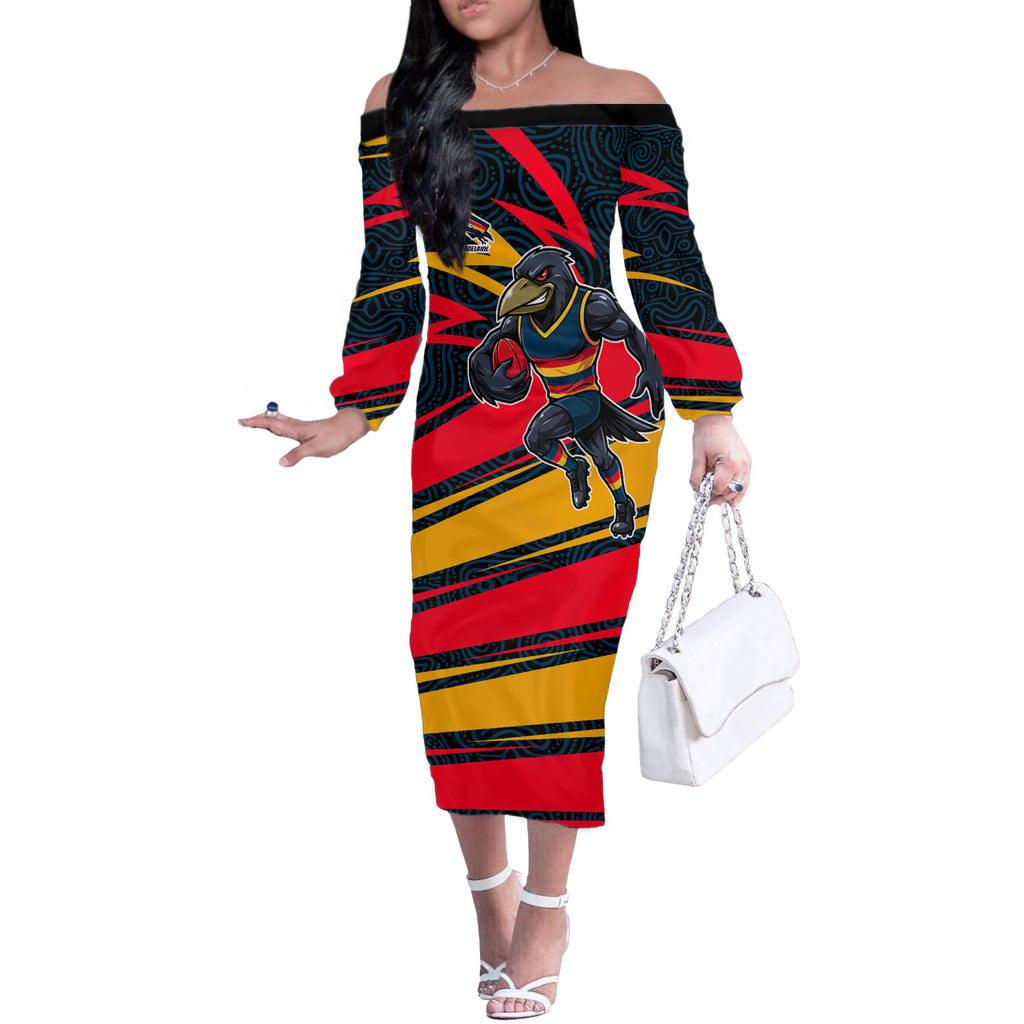 Adelaide Crows Australian Football Off The Shoulder Long Sleeve Dress Fierce Mascot Spirit With Indigenous Pattern Art