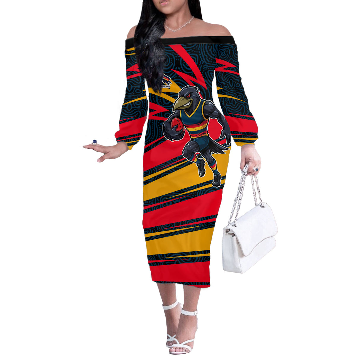 Adelaide Crows Australian Football Off The Shoulder Long Sleeve Dress Fierce Mascot Spirit With Indigenous Pattern Art