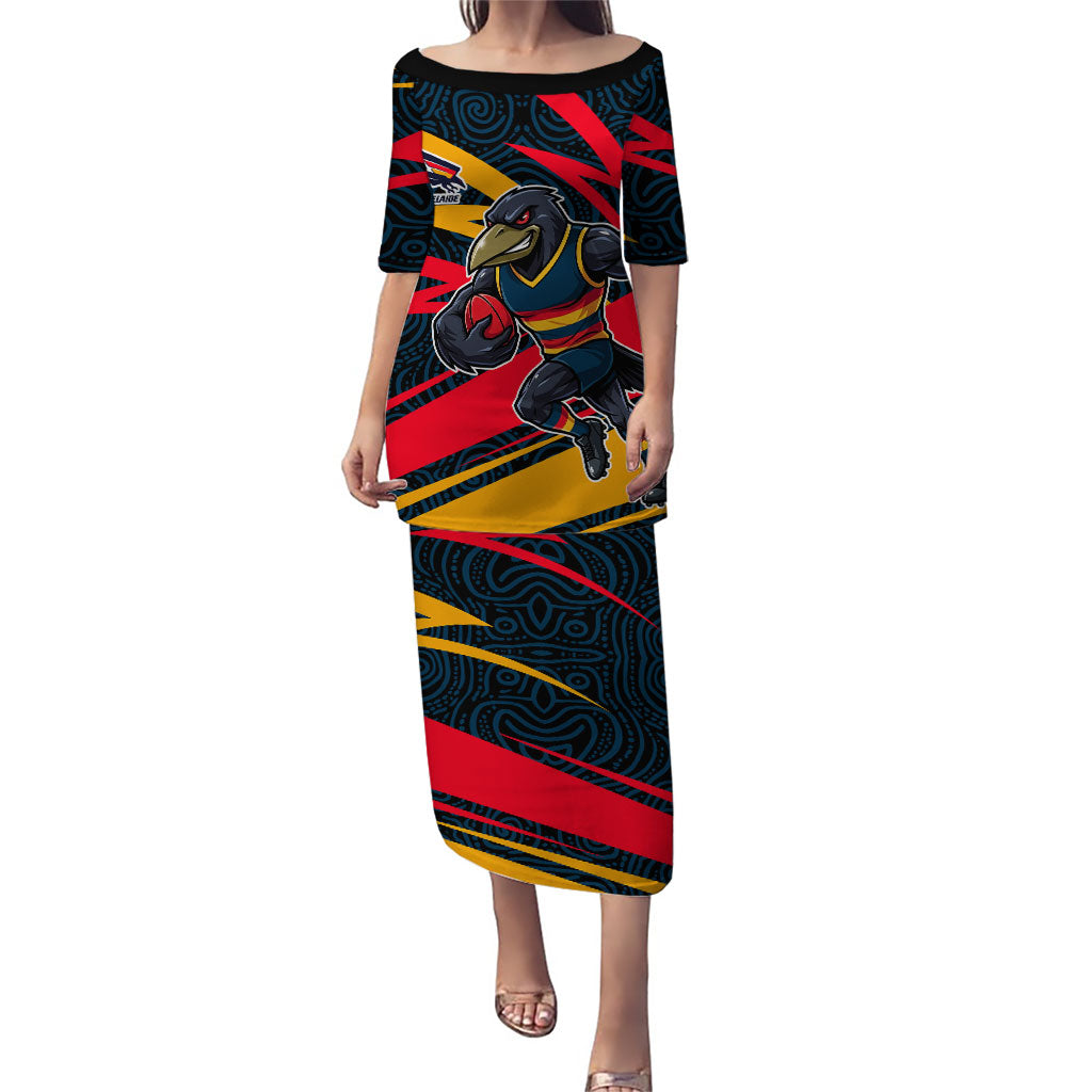 Adelaide Crows Australian Football Puletasi Fierce Mascot Spirit With Indigenous Pattern Art