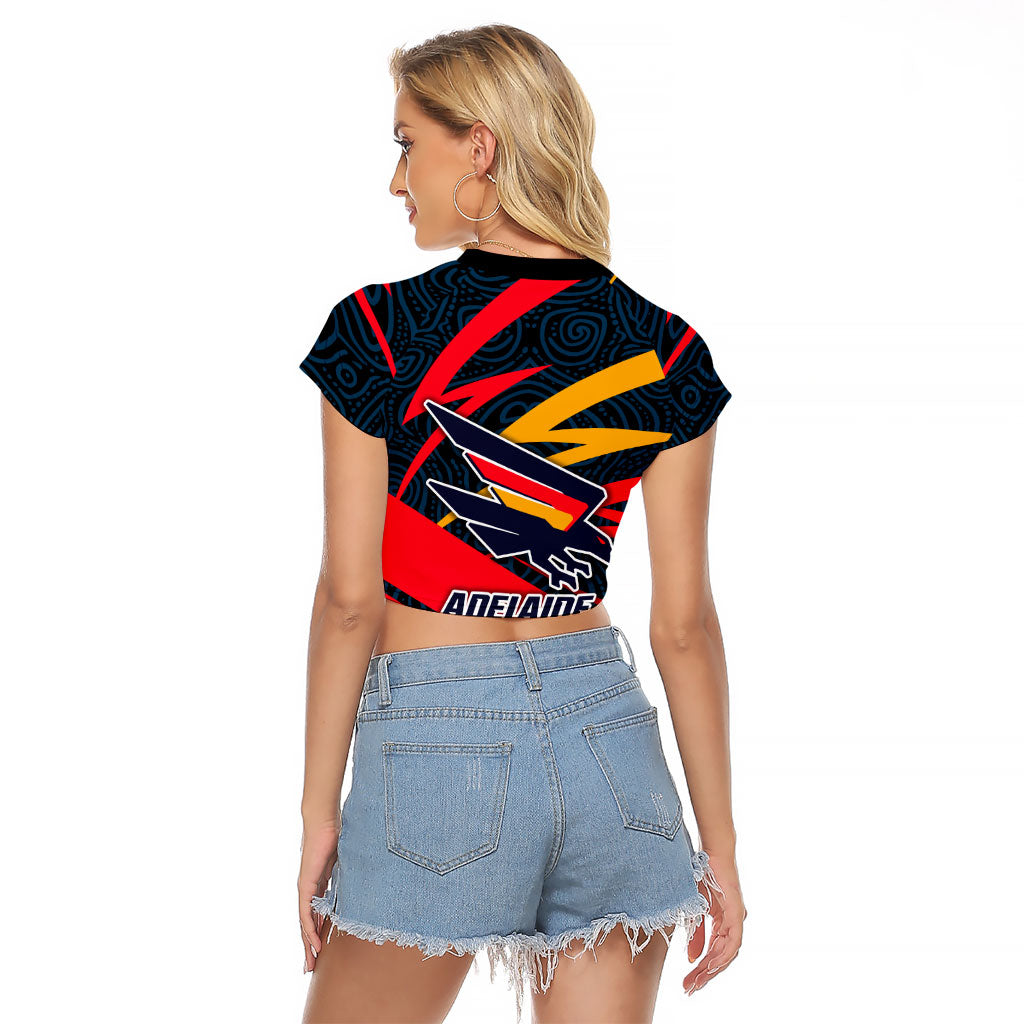Adelaide Crows Australian Football Raglan Cropped T Shirt Fierce Mascot Spirit With Indigenous Pattern Art
