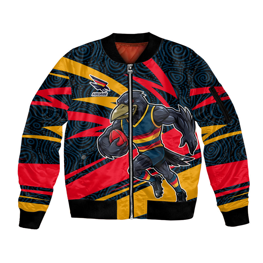 Adelaide Crows Australian Football Sleeve Zip Bomber Jacket Fierce Mascot Spirit With Indigenous Pattern Art