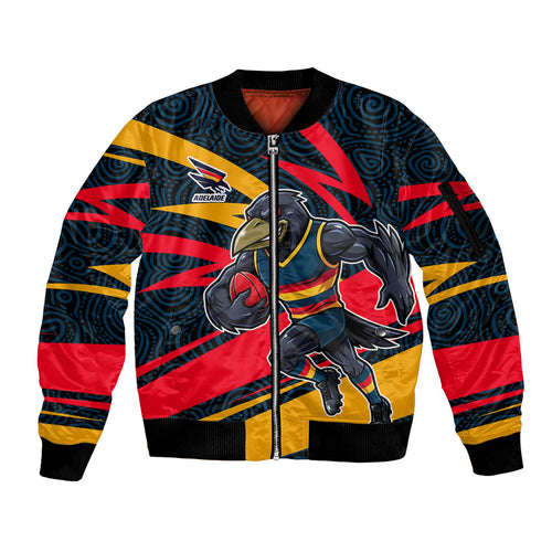 Adelaide Crows Australian Football Sleeve Zip Bomber Jacket Fierce Mascot Spirit With Indigenous Pattern Art